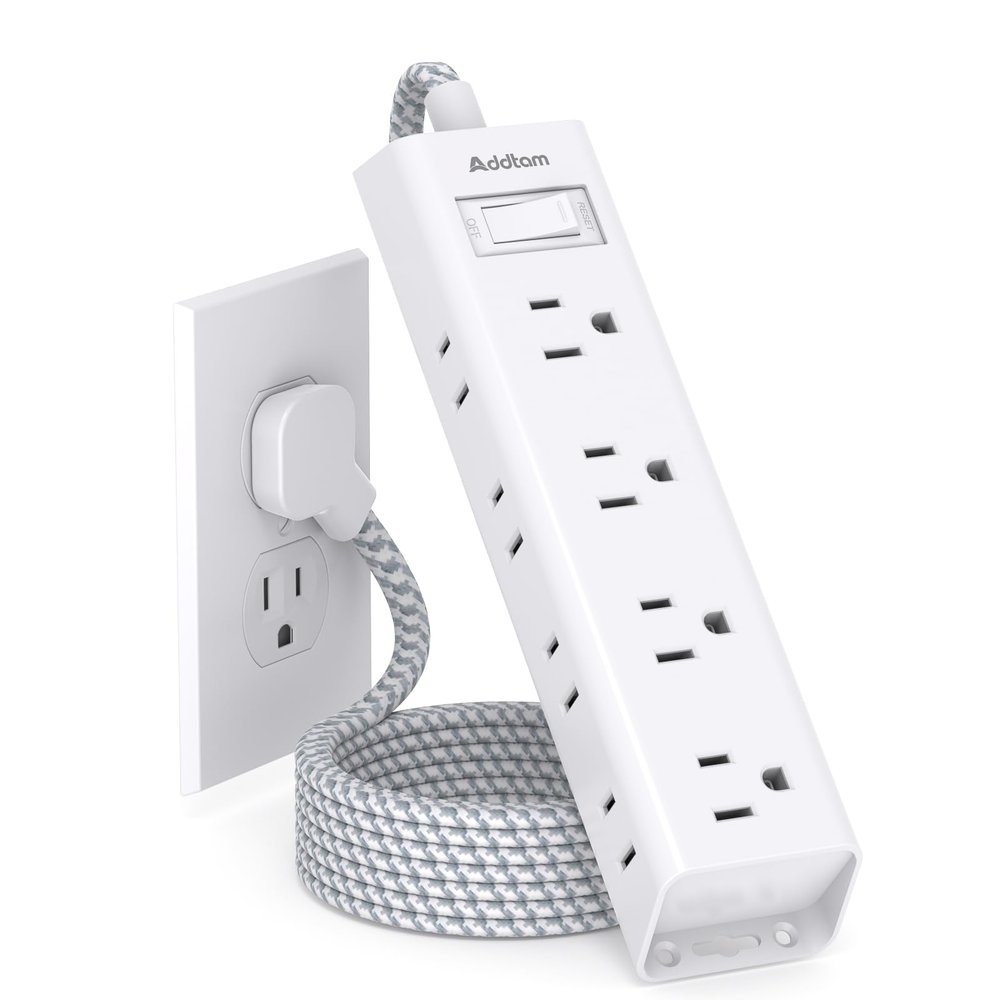 10FT Extension Cord - Power Strip Surge Protector, Flat Plug, Addtam 12 Widely Outlets 3 Sides Outlet Extender, 1080J, Wall Mount, Desk Charging Station Compact for Home Office Dorm Room Essentials