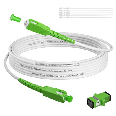 10FT SC/APC to SC/APC Fiber Optic Internet Cable, Armored Single Mode Patch Cable with Coupler, Fiber Optic Jumper Cord for Replacement Home Fiber Internet, OS1/OS2 Compatible, Simplex 9/125um LSZH