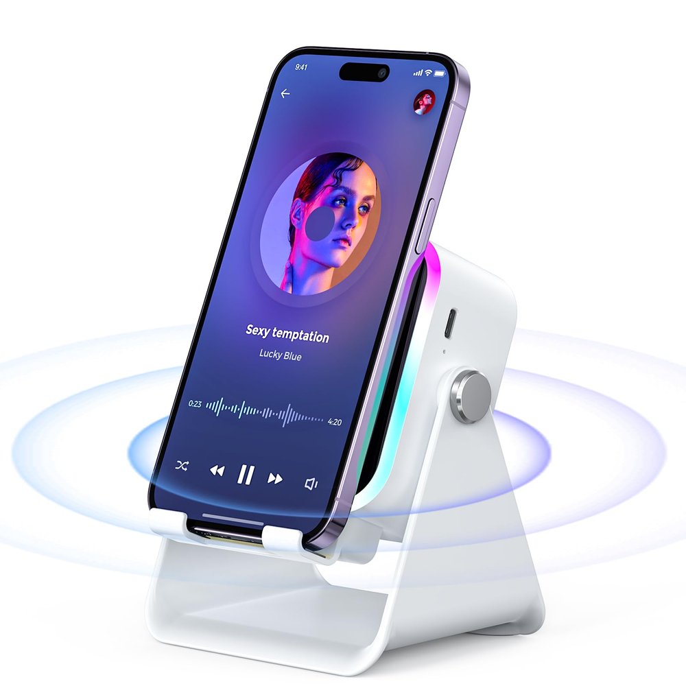 AIKELA Induction Speaker for iPhone Android, Christmas Birthday Gifts for Men Women, Cell Phone Stand with Wireless Bluetooth Speaker with HD Sound Rechargeable (White)