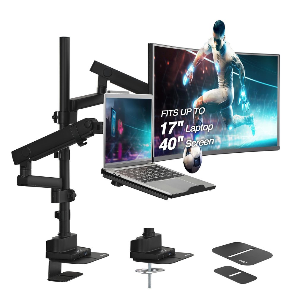 AVLT Laptop & 40 Inch Monitor Arm Pole Top Mount With USB-C USB-A Ports-Black, VESA Compatible, Supports 26.4 lbs (12 kg), Ultrawide Screen Fit, Adjustable Height, Tilt Swivel Rotate, Cable Management
