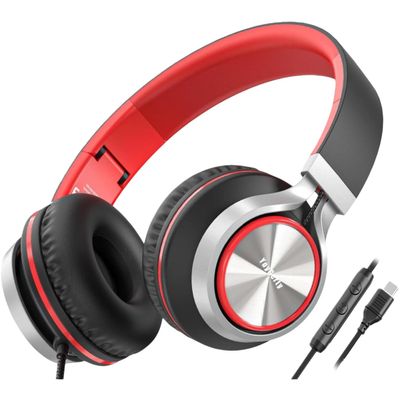 yoygerty Upgraded USB Type C Wired Headphones, Foldable Over-Ear Headphones with Mic and Volume Control, Hi-Fi Stereo Sound for Adults/Teens/Toddlers/Tablets/Travel(Red)