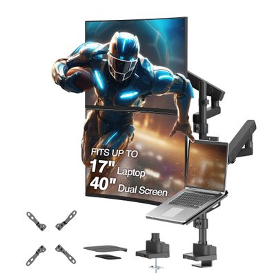 AVLT Laptop & Dual 40 Inch Stacking Monitor Arm Pole Top Mount with USB-C USB-A Ports-Black, Supports 26.4 lbs (12kg), Ultrawide Screen Fit, VESA Compatible, Multi-Screen, Ergonomic Workspace Upgrade