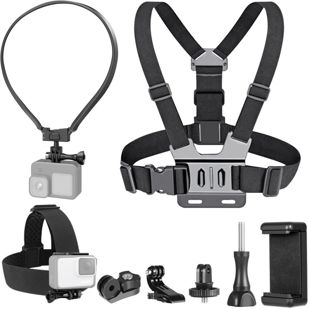 3-in-1 Action Camera Mount Kit with Head, Chest, & Neck Straps, Hands-Free Vlogging & Selfie Setup, Universal Camera & Phone Holder for Hero/Insta360/Xiaomi