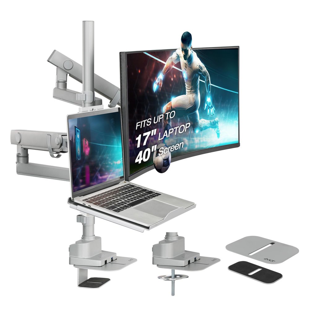 AVLT Laptop & 40 Inch Monitor Arm Pole Top Mount with USB-C USB-A Ports-Gray, VESA Compatible, Supports 26.4 lbs (12 kg), Ultrawide Screen Fit, Adjustable Height, Tilt Swivel Rotate, Cable Management