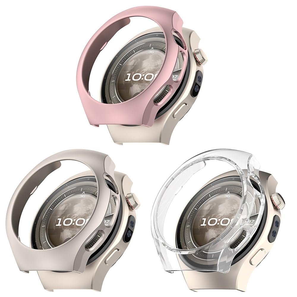 3 Pack Cases Compatible with Huawei Watch 5 46mm, Hard Bumper Case Shockproof Protective Cover for Huawei Watch 5 46mm, without Screen Protector (Beige/Pink/Clear)