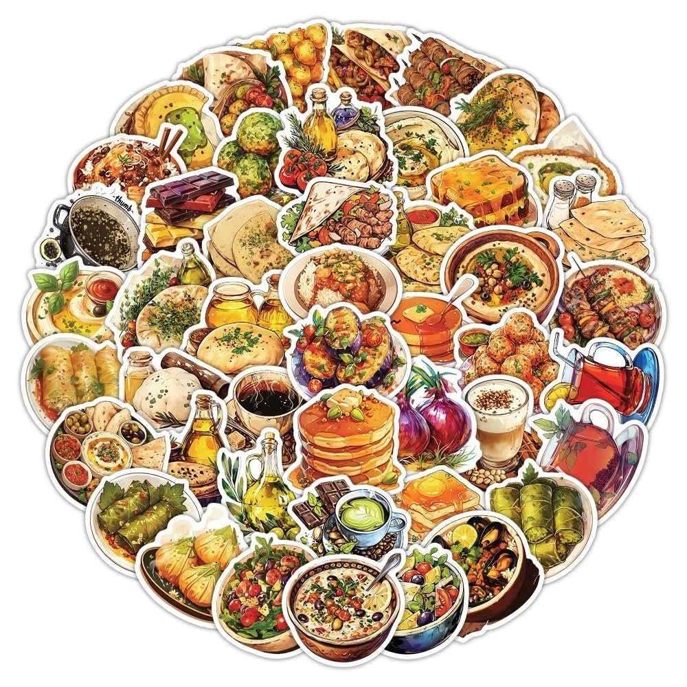 100 Packs Middle East Diet Stickers Water Bottles Laptop Phone Computer Guitar Skateboard Hydroflasks Delicious Food Vinyl Sticker Waterproof Aesthetic Trendy Decals for Kids Teens Girls Adults