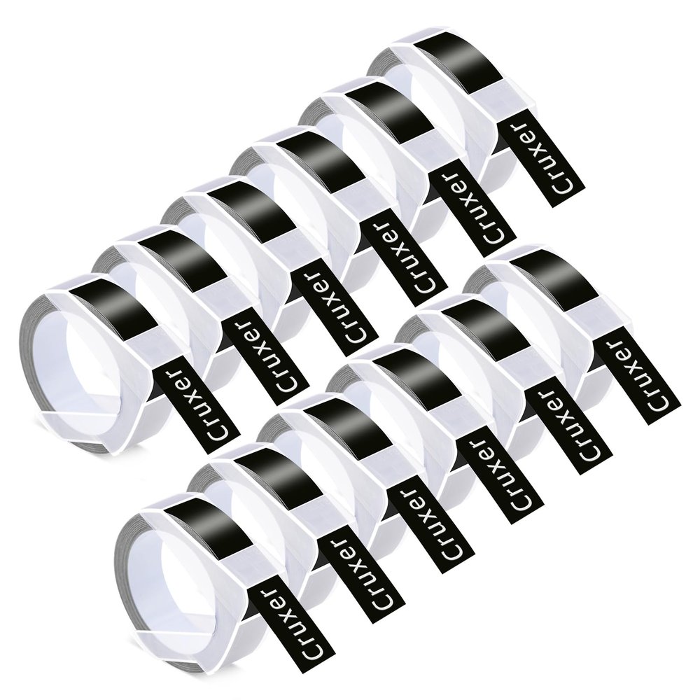 12 Pack Cruxer Replacement for Dymo A521209 3D Embossing Tape 12mm x 3m White on Black Self-Adhesive Embossed Label Replacement for Office Mate II 1540 154000 Organizer Xpress Pro 1575 Label Maker