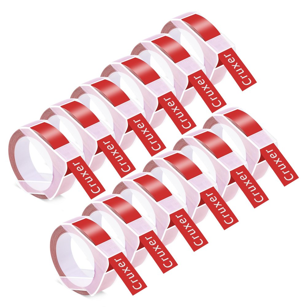12 Pack Cruxer Replacement for A521202 3D Embossing Tape 12mm x 3m White on Red Self-Adhesive Embossed Label Replacement for Office Mate II 1540 154000 Organizer Xpress Pro 1575 Label Maker