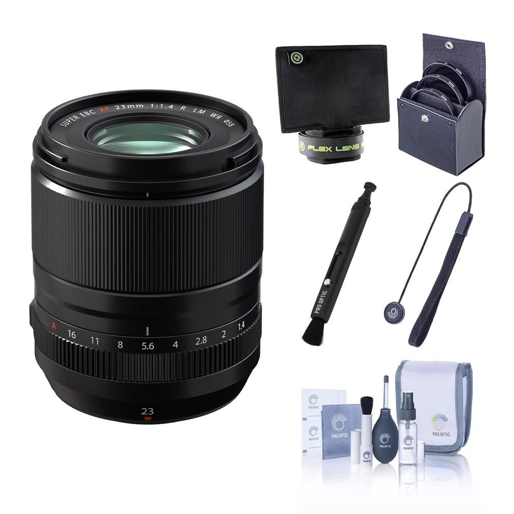 Fujifilm XF 23mm f/1.4 R LM WR Lens, Black, Bundle with 58mm Essentials Filter Kit, Lens Shade, Cleaning Kit, LensPen, Cap Tether, Fujifilm 1 Year Limited Warranty
