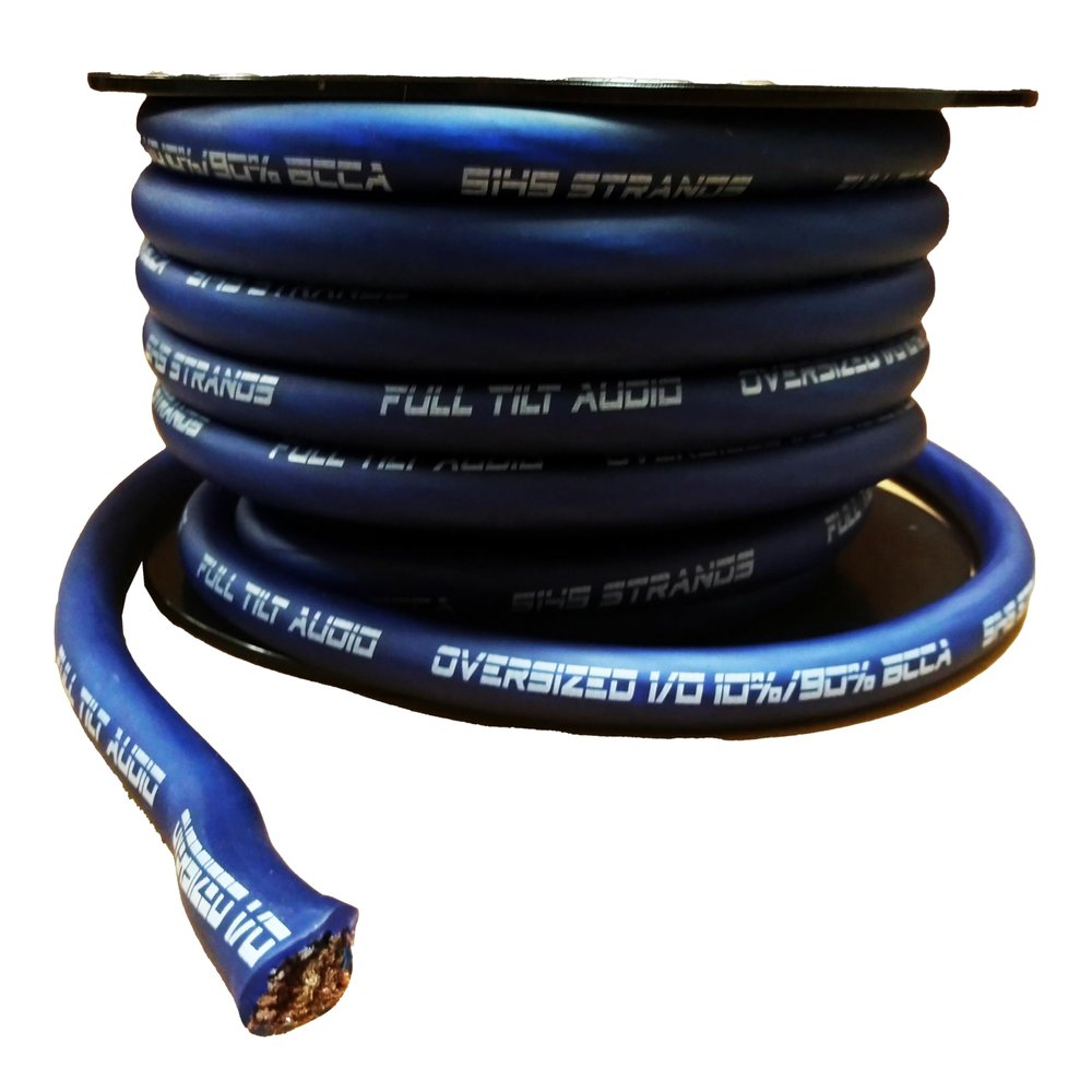 Full Tilt by Sundown Audio 1/0 AWG Hybrid Power Wire  50ft Spool, 10% OFC / 90% CCA, Tinned Copper Strands, Ultra Flexible, 5145 Strands, Anti-Corrosion  Matte Blue
