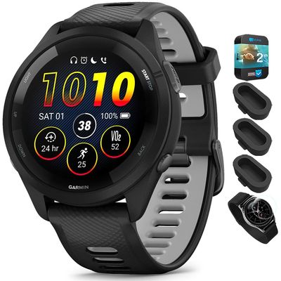 Garmin 010-02810-00 Forerunner 265 GPS Smartwatch - 46mm Black/Powder Gray Bundle with Deco Essentials Silicone Dust Cover 3 Pack, Round Screen Protector and 2 YR CPS Enhanced Protection Pack