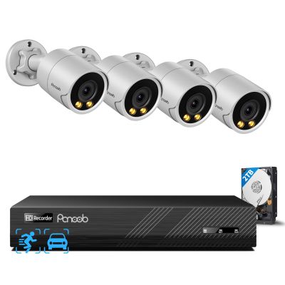 PANOOB PoE Security Camera System, 4X 5MP Wired Home Bullet IP Cameras Built-in microphone, Human Vehicle Detection, Smart Color Night Vision, 8 Channel 4K NVR 2TB HDD for 24/7 Recording, PB38F0408-5M
