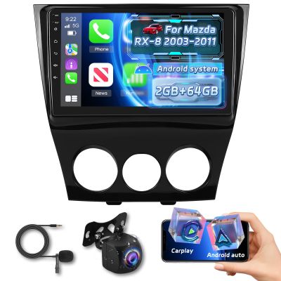[2+64G] NHOPEEW Car Radio for Mazda RX8 RX-8 RX 8 2003-2011 with Wireless Carplay and Android Auto - 9 Inch Touchscreen Android Car Stereo - DSP/GPS Navi/WiFi/SWC/Bluetooth + AHD Backup Camera