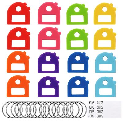 16 PCS Key Covers Caps Key Identifiers Covers, Suitable for Most Keys with Blank and Printed Labels, for Classification and Organization, Comes with 16 Keys Ring and 16 Stickers (8 Colors)
