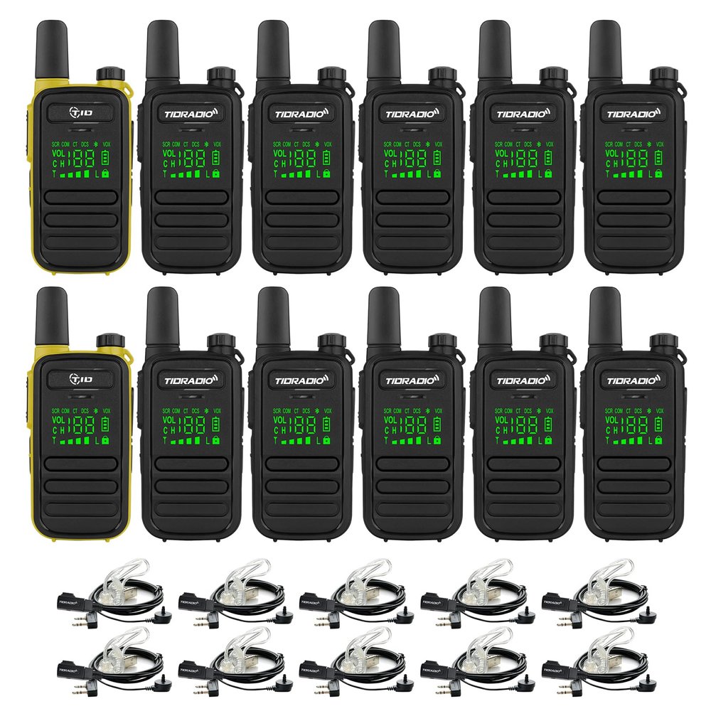 TIDRADIO TD-M11 Walkie Talkies (2 Pack, Yellow) + TIDRADIO TD-M11 Walkie Talkies (10 Pack, Black) Waterproof FRS Long Range Two Way Radio with Earpiece, 2 Pin Acoustic Tube Headset