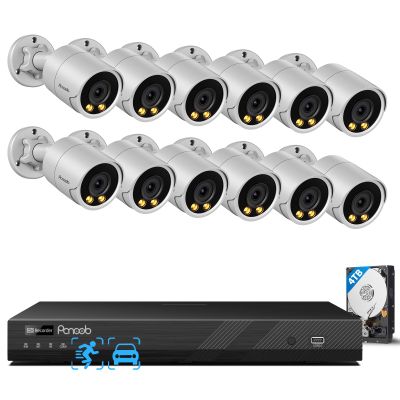 PANOOB 16 Channel Security Camera System PoE, 4K 16CH NVR 4TB HDD, 12X 5MP Wired Surveillance IP PoE Cameras Outdoor, AI Human Vehicle Detection, Built-in Microphone, Color Night Vision, PB38F1216-5M