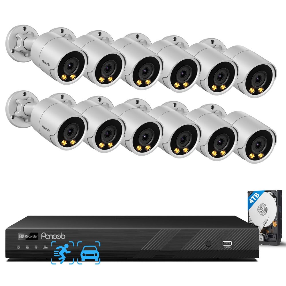 PANOOB 16 Channel Security Camera System PoE, 4K 16CH NVR 4TB HDD, 12X 5MP Wired Surveillance IP PoE Cameras Outdoor, AI Human Vehicle Detection, Built-in Microphone, Color Night Vision, PB38F1216-5M