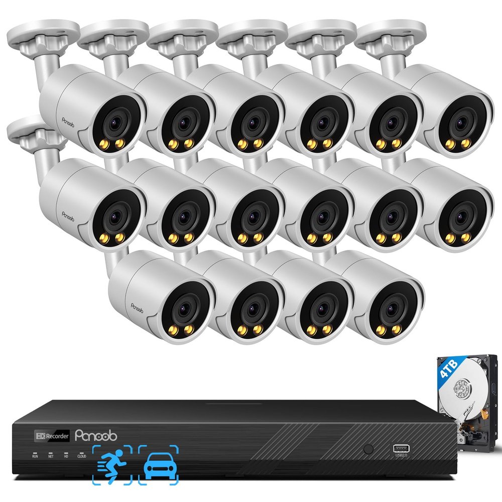PANOOB 16 Channel Security Camera System 4K for Commercial,4K 16CH PoE NVR 4TB HDD,16x 8MP Wired Outdoor IP Cameras,Smart Color Night Vision,AI Human Vehicle Detection,Built-in microphone,PB38F1616-8M