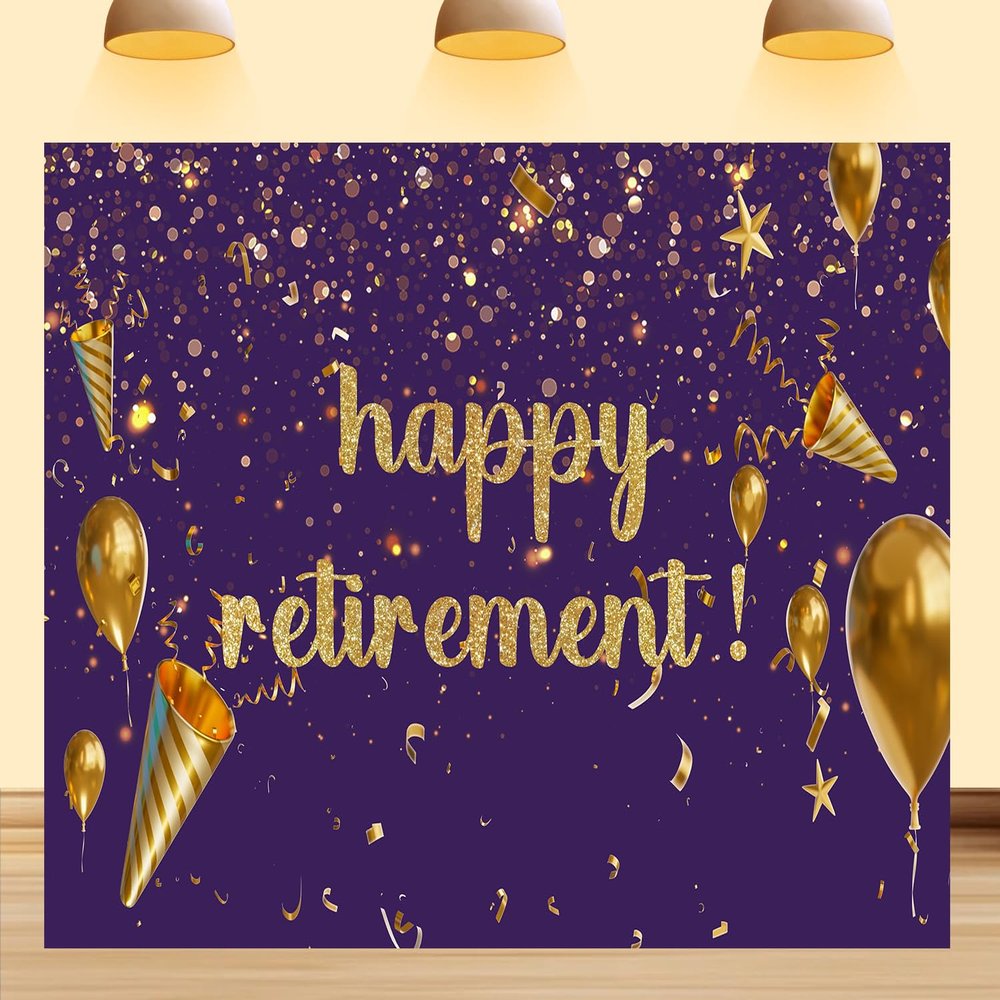 10X8ft Happy Retirement Backdrop Purple and Gold Diamond Balloons and Ribbons Retired Party Decorations Theme Background Photography Studio Props Congratulations on Retirement