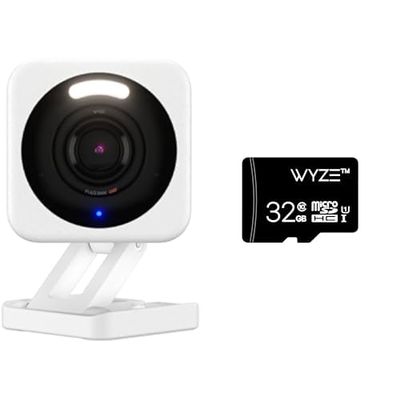 WYZE Cam v4 2.5K QHD Indoor/Outdoor Security Camera with 32GB MicroSDHC Card Bundle - Smart Home Monitoring System with Local Storage