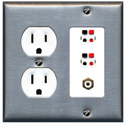 RiteAV 2 Port Speaker Wire Plug Jack Wall Plate with 1 RCA for Subwoofer - Round Outlet [Stainless/White]