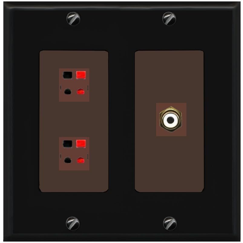 RiteAV 2 Port Speaker Wire Plug Jack Wall Plate with 1 RCA for Subwoofer - 2 Gang [Black/Brown]