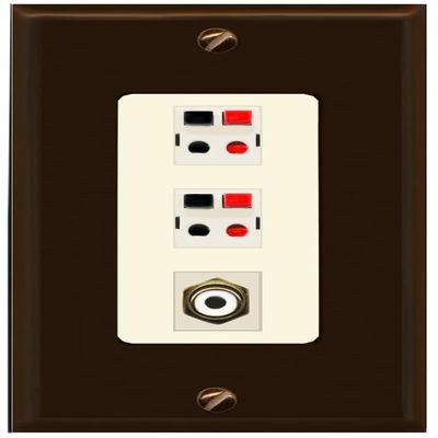 RiteAV 2 Port Speaker Wire Plug Jack Wall Plate with 1 RCA for Subwoofer - 1 Gang Decorative [Brown/Light-Almond]