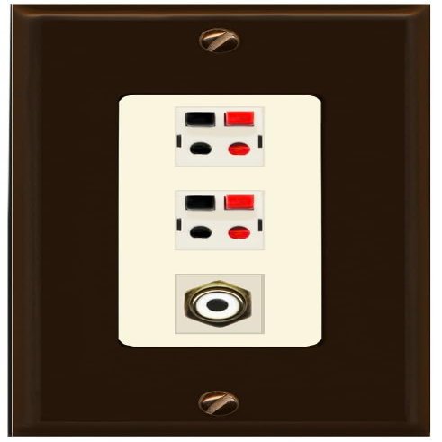 RiteAV 2 Port Speaker Wire Plug Jack Wall Plate with 1 RCA for Subwoofer - 1 Gang Decorative [Brown/Light-Almond]