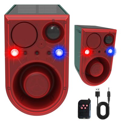 Solar Strobe Light Motion Detector Alarm: Dog Barking and Gunshot Sound, 13 Kinds of Warning Sound Loop Playback, 130db Noise Maker, Support Recording, Waterproof for Home, Farm, USB Charging (2 Pack)