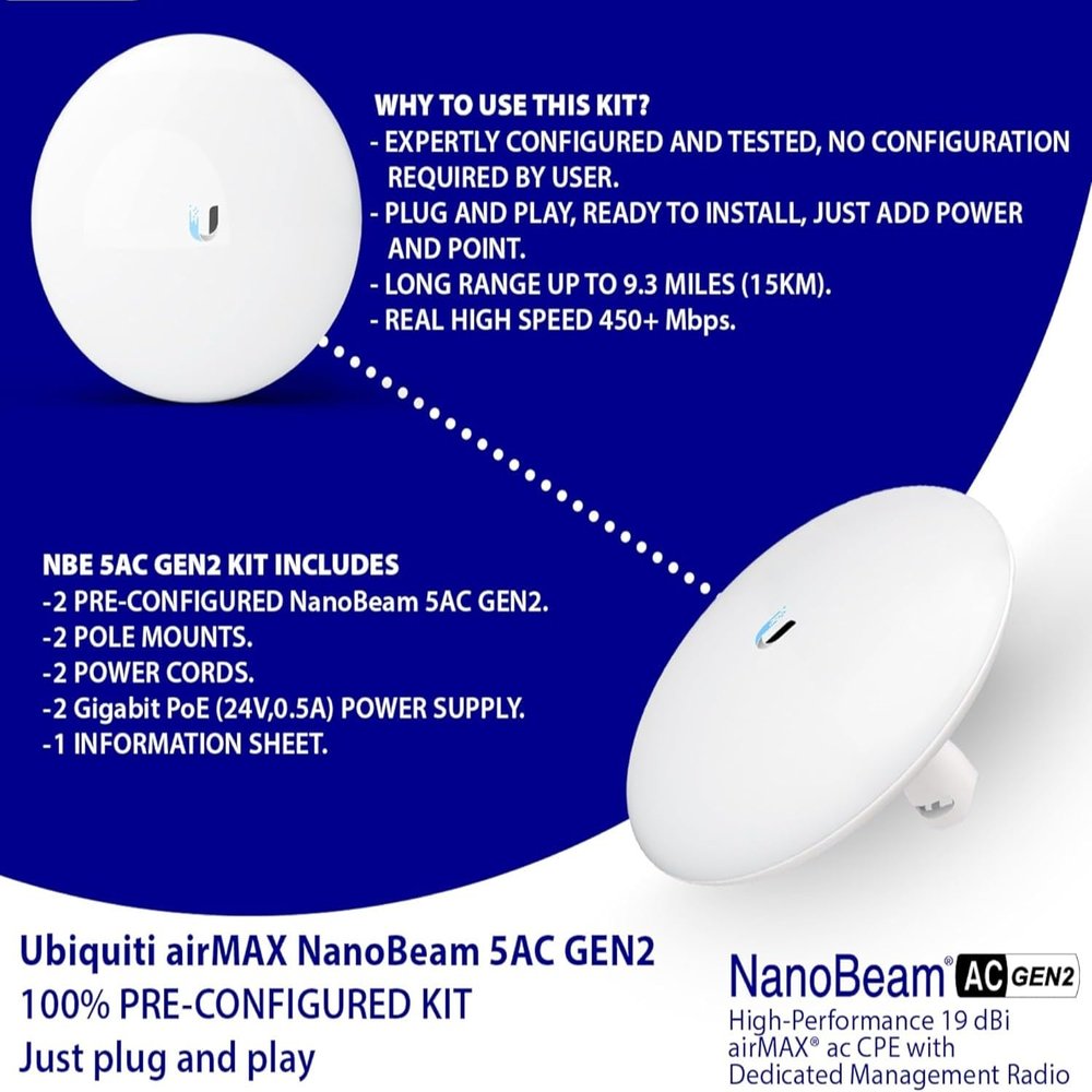Wireless Bridge NBE-5AC-GEN2 Pre-Configured 2-Pack | 5GHz Outdoor WiFi Bridge | Plug & Play, 450+ Mbps, Up to 6+ Mile Range