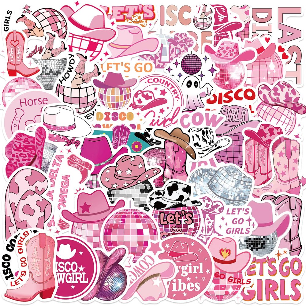 100PCS Pink Disco Cowgirl Stickers Pack,Waterproof Vinyl Western Cowboy Sticker for Water Bottle Laptop Scrapbook,Disco Girl Decal for Preppy Decor Party Gifts,Cowgirl Stickers for Adults Teens Kids