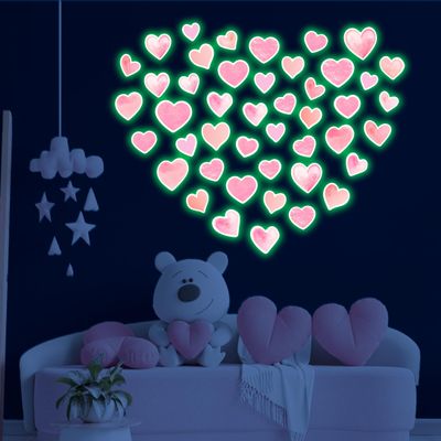 42 pcs Pink Heart Shape Wall Stickers for Girls BedroomGlow in The Dark Kids Room Decor, Baby Nursery Ceiling Decals Wallpaper Vinyl Murals