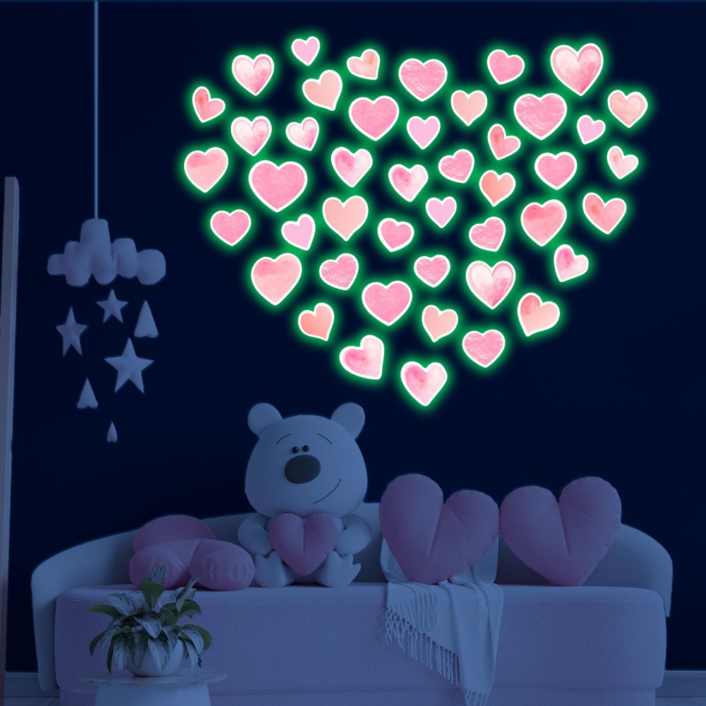 42 pcs Pink Heart Shape Wall Stickers for Girls BedroomGlow in The Dark Kids Room Decor, Baby Nursery Ceiling Decals Wallpaper Vinyl Murals