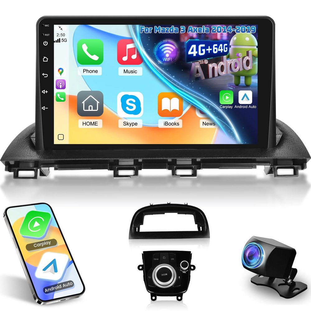[4+64G] NHOPEEW Car Radio for Mazda 3 Axela 2014-2019 with Wireless Carplay and Android Auto - 9 Inch HD Touchscreen Android Car Stereo - EQ Audio/WiFi/GPS/SWC/Bluetooth + AHD Backup Camera