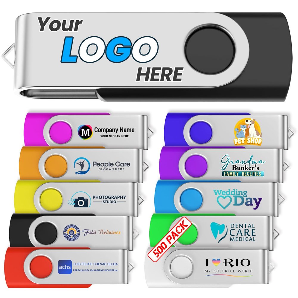64GB 200Pcs Custom Personalized USB 3.0 Flash Drive, Bulk Promotional USB Thumb Drives with Metal Keychains, Printing Your Text & Logo on Double-Sided for Office/School/Company ADs/Photography