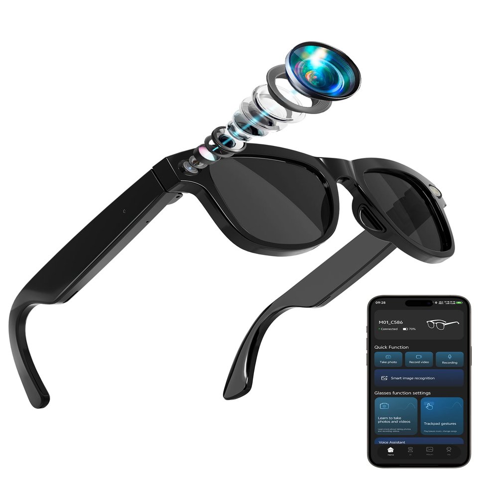 4-in-1 AI Smart Glasses, 800W HD Camera Glasses, 1080P Video Recording SunGlasses, Built-in ChatGPT AI Voice Assistant, Real-time Translation, Open-Ear Headphones for Outdoors, Driving & Vlogging