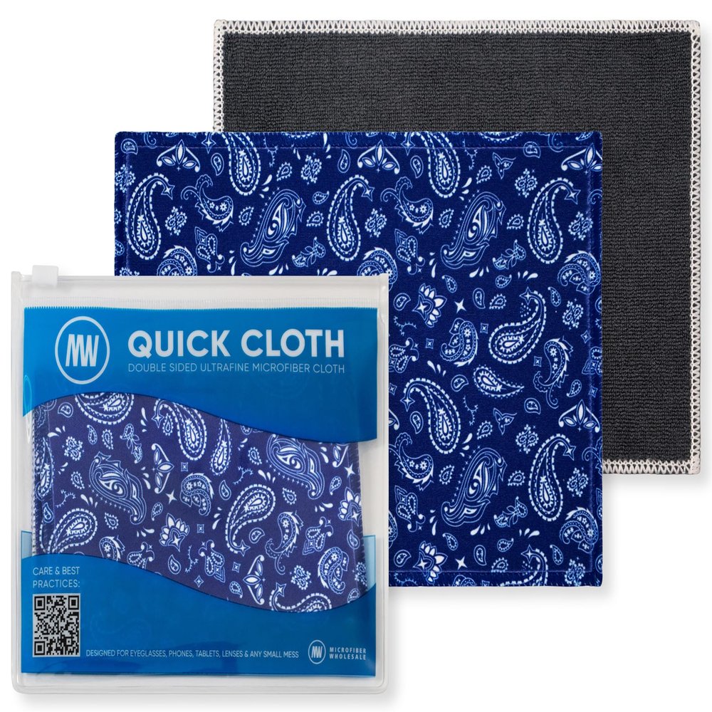 Microfiber Wholesale Quick Cloth Glasses Cleaning Cloths5x7 Paisley Blue 2-Pack with Case | Double-Sided Lens Cleaner for Eyeglasses, Camera, Screens Glass | Reusable Microfiber Glass Polishing Cloth