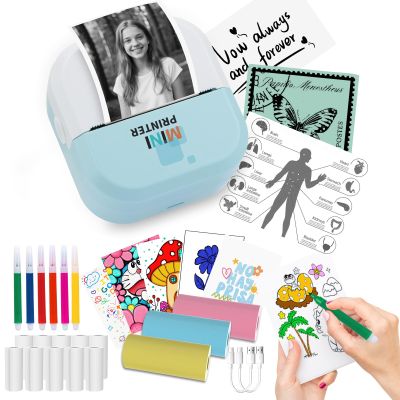 Sticker Printer - Bluetooth Inkless Thermal Printer & Sticker Maker, Wireless Portable Print Pod for iPhone/Android, DIY Labels, Notes, Kids Crafts, Journals - Includes 13 Rolls Paper-Blue