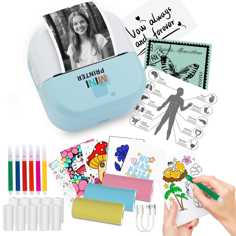 Sticker Printer - Bluetooth Inkless Thermal Printer & Sticker Maker, Wireless Portable Print Pod for iPhone/Android, DIY Labels, Notes, Kids Crafts, Journals - Includes 13 Rolls Paper-Blue