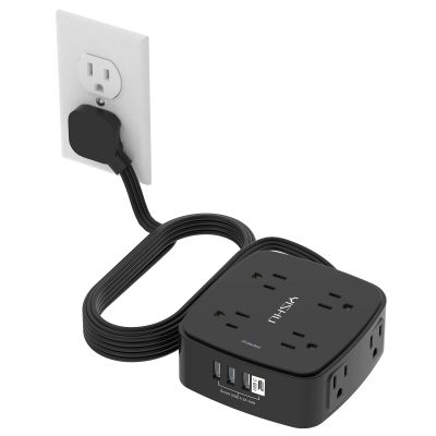 10 Ft Surge Protector Power Strip - YISHU 8 Widely Outlets with 4 USB Ports, 3 Side Outlet Extender with 10 Feet Flat Extension Cord, Ultra Flat Plug, Wall Mount, Desk USB Charging Station, ETL, Black