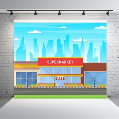 BELECO 6x6ft Fabric Cartoon Supermarket Backdrop Urban City Stree Scene Superstore Backgrund Supermarket Party Decorations Banner Kids Birthday Photoshoot Props