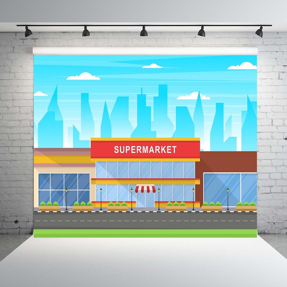 BELECO 6x6ft Fabric Cartoon Supermarket Backdrop Urban City Stree Scene Superstore Backgrund Supermarket Party Decorations Banner Kids Birthday Photoshoot Props