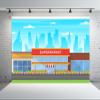 BELECO 6x6ft Fabric Cartoon Supermarket Backdrop Urban City Stree Scene Superstore Backgrund Supermarket Party Decorations Banner Kids Birthday Photoshoot Props view 1