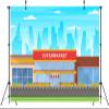 BELECO 6x6ft Fabric Cartoon Supermarket Backdrop Urban City Stree Scene Superstore Backgrund Supermarket Party Decorations Banner Kids Birthday Photoshoot Props view 4