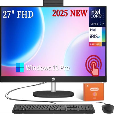 HP 27 All in One Desktop Computer, 27" FHD Touchscreen, Intel Ultra 7 155U, 16 GB DDR5, 1 TB SSD, Intel IrisX Graphics, Adjustable Angle, Wi-Fi 6, Windows 11 Pro, w/Accessories