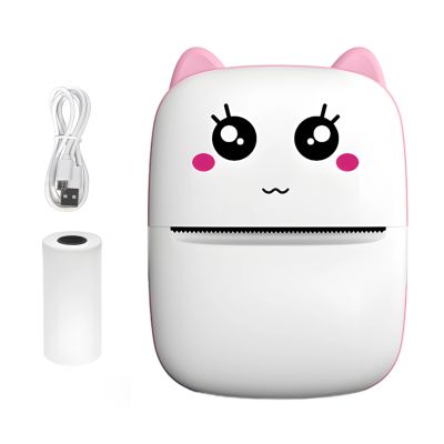 Portable Inkless Printer for Students, Cat Face, USB Cable & Thermal Paper, Wireless, Small Size