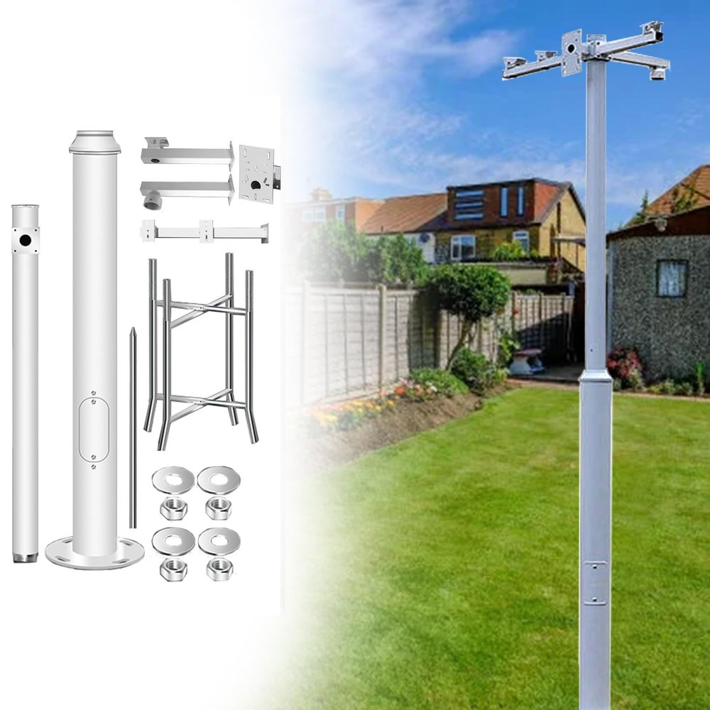 LXLZYXSF Extra Tall Security Surveillance Camera Pole with 4 Brackets, Mounting Rebar Cage Base, Heavy Duty Metal Street Lamp Post for Outside Backyard Parking Lot Walkways(16.4ft (3 Sections) H)