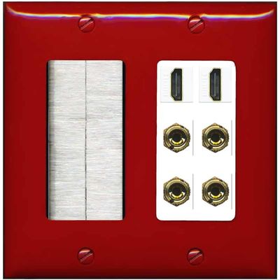 RiteAV 2 Speaker 4 Banana Binding Post Wall Plate with 2 HDMI Jacks - Brush [Red/White]