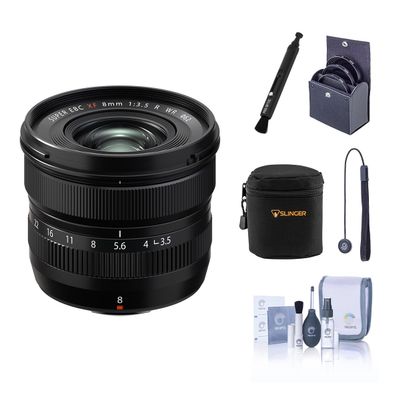Fujifilm XF 8mm f/3.5 R WR Lens, Black, Bundle with 62mm Filter Kit, Soft Case, Cleaning, Pen Cleaner and Cap Tether
