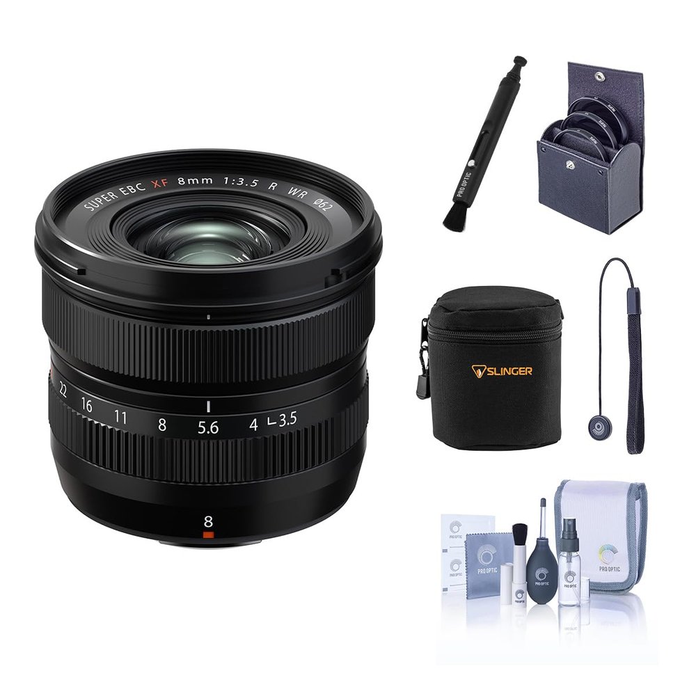 Fujifilm XF 8mm f/3.5 R WR Lens, Black, Bundle with 62mm Filter Kit, Soft Case, Cleaning, Pen Cleaner and Cap Tether